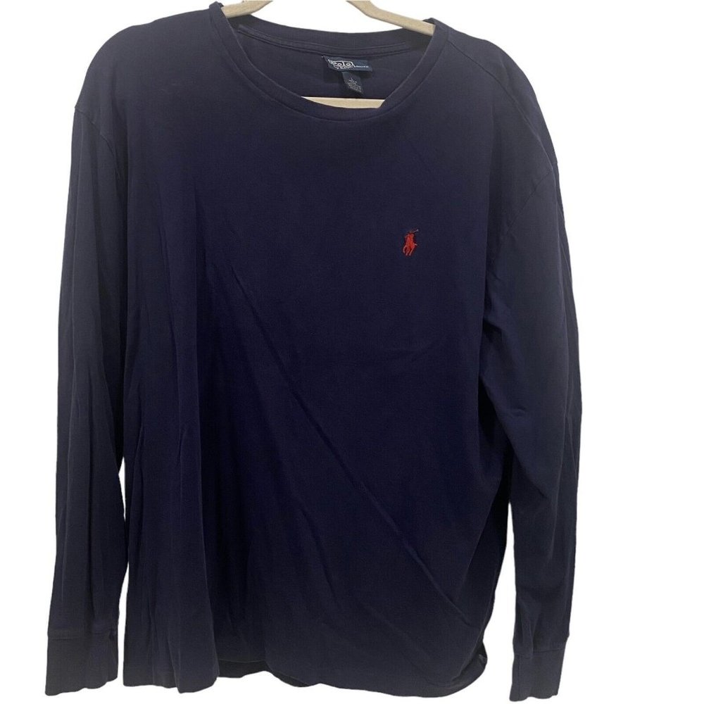POLO RALPH LAUREN Men’s BLUE Crew Neck Long Sleeve Cotton Shirt Red Logo LARGE